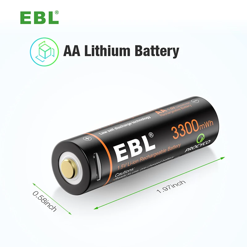 4 Pack Quick Charging EBL USB Rechargeable AA Batteries 1.5V Lithium Batteries AA 3300mWh With Micro USB Cable