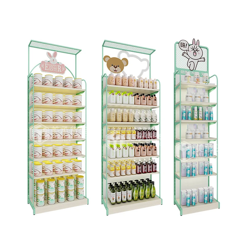 Meicheng Customized Size Single Sided Wooden Display Supermarket Racks Shelves Wall Storage Shelf With Cabinet