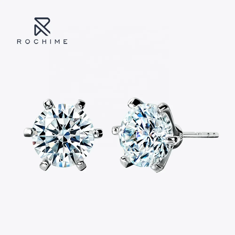 Rochime Six Prong Diamond Stud Earrings S925 silver 18k gold plated CZ Earrings  Bling Gift  zircon Jewelries for girls