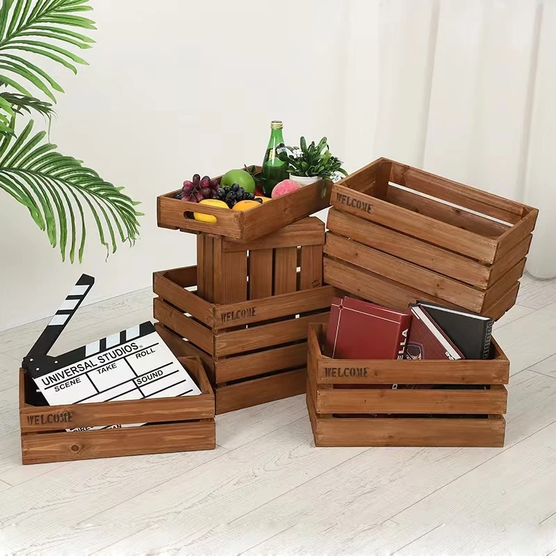 Custom Size And Logo Decorative Storage Wooden Crate Box Antique Vintage Recycled Wood Vegetables Fruit Crates Wood Box
