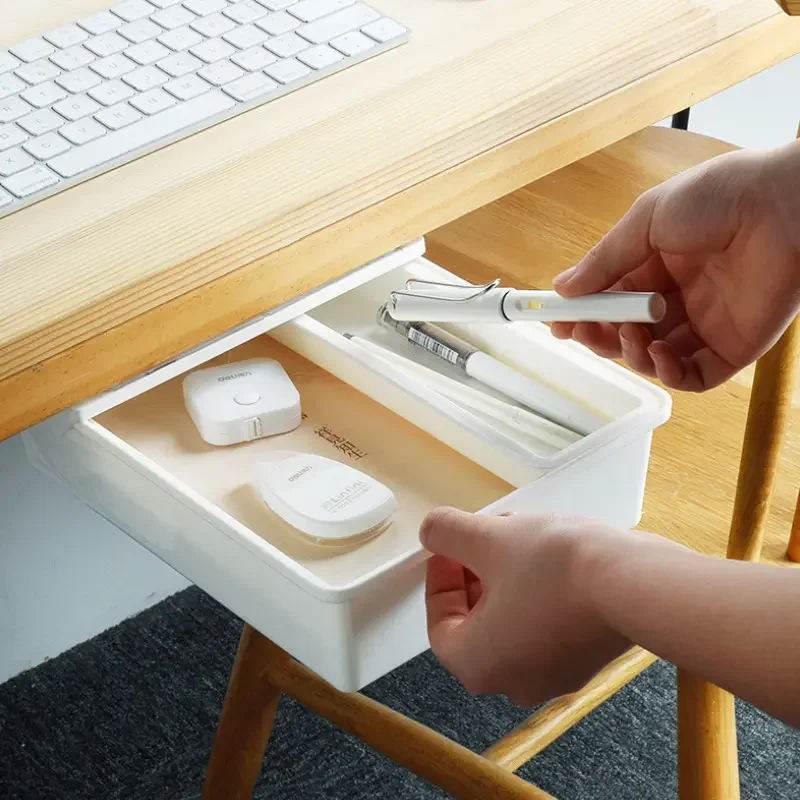 Wholesale Plastic Self Adhesive Under Desk Table Drawer Storage Box Hidden Paste Hanging White Organizer For Office Home Kitchen