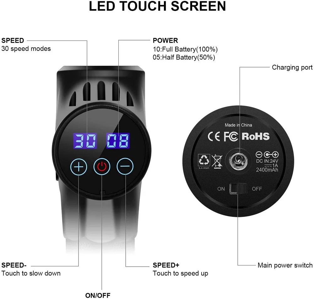 
30 Speed Handheld Deep Tissue Percussion Muscle Massage Gun, 6 Head Attachments Quick Rechargeable Body Vibration Massage Gun 
