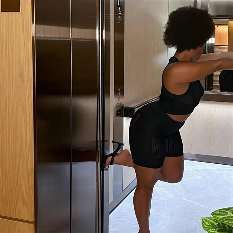 Knitted Tracksuit 2/Two Piece Set Women Tank Tops + Shorts Elastic Sporty Matching Streetwear Slim Outfit