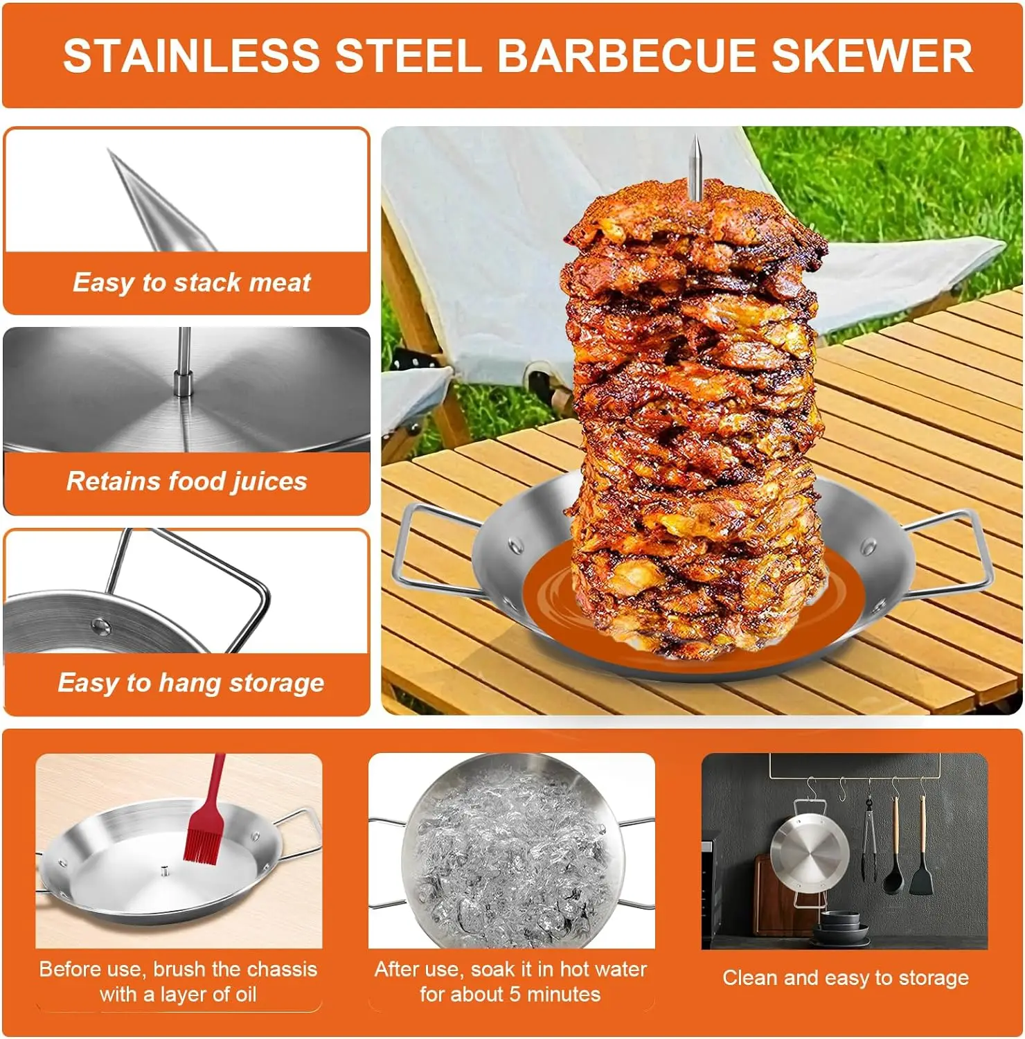 Al Pastor Skewer for Grill, Stainless Steel Vertical Skewer, Brazilian Vertical Spit Stand with 3 Removable Spikes 8 10 12