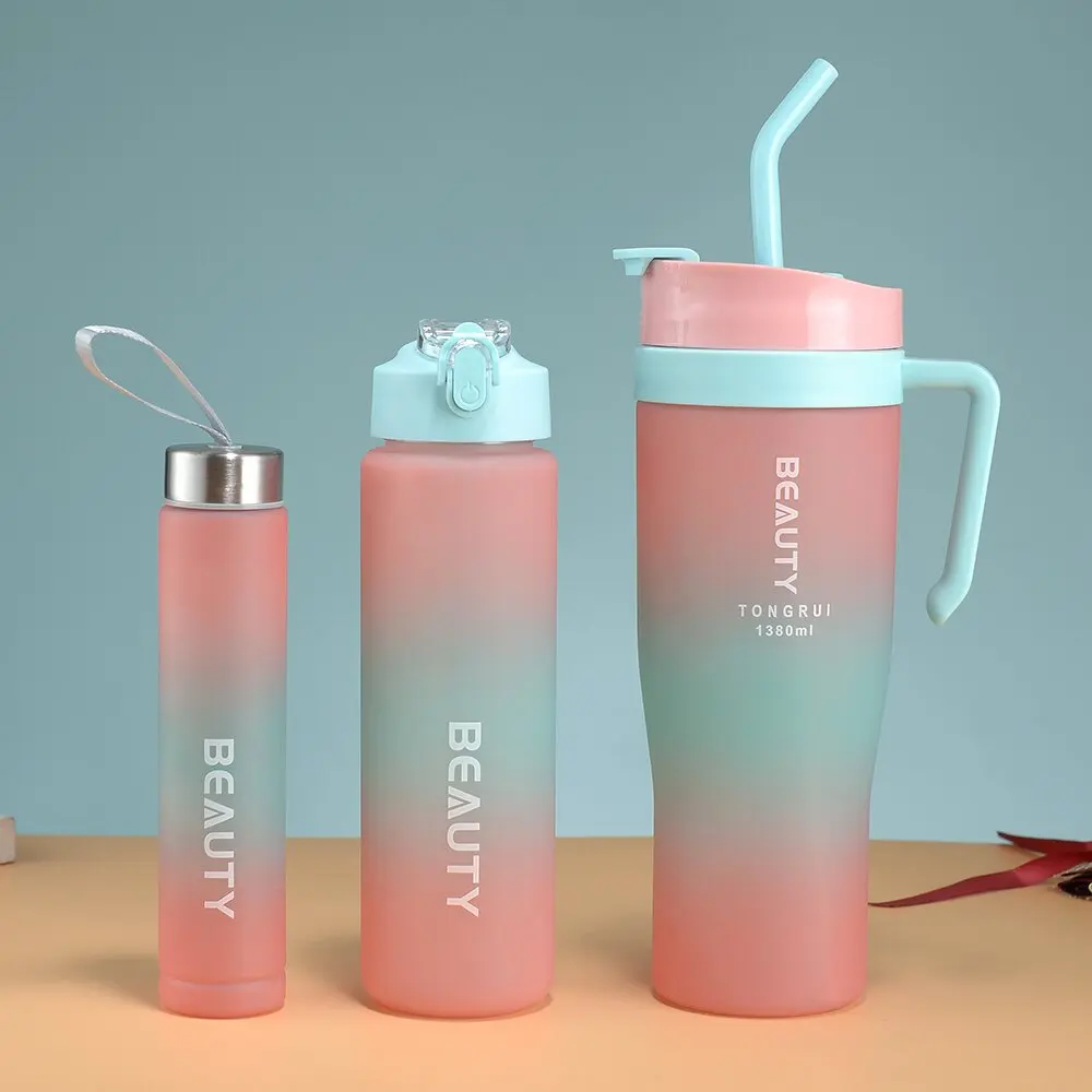 Gradient color frosted leakproof 40oz plastic tumbler with handle bpa free reusable sports plastic drinking 3 in 1 water bottle