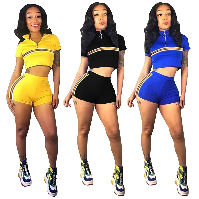 
 Летний короткий топ с коротким рукавом на молнии, американский спортивный костюм для йоги, комплект с шортами для женщин, новинка 2019, модная популярная брендовая уличная одежда  