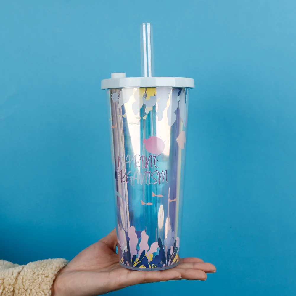 Hot Sale Hologram Double Wall Acrylic Tea Cups With Lid and Straw, Eco friendly 700ML Wide Mouth Boba Tea Cups