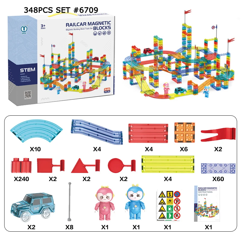 348pcs Magnetic Race Car Track Tiles Building for Kids Educational Toy Kit Magnetic Blocks DIY Magnet Toys Ride On Car