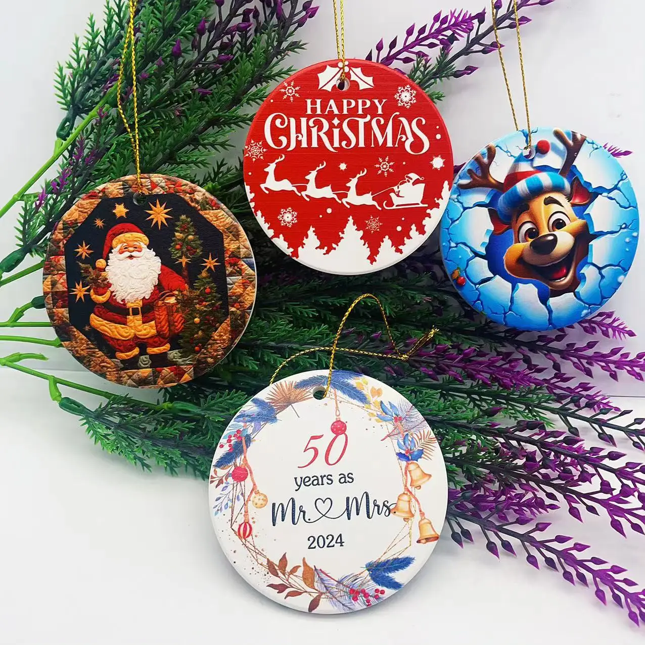 Factory Wholesale Ceramic Ornaments Customizable Blanks Sublimation Round Circle Christmas Tree Ceramic Ornaments