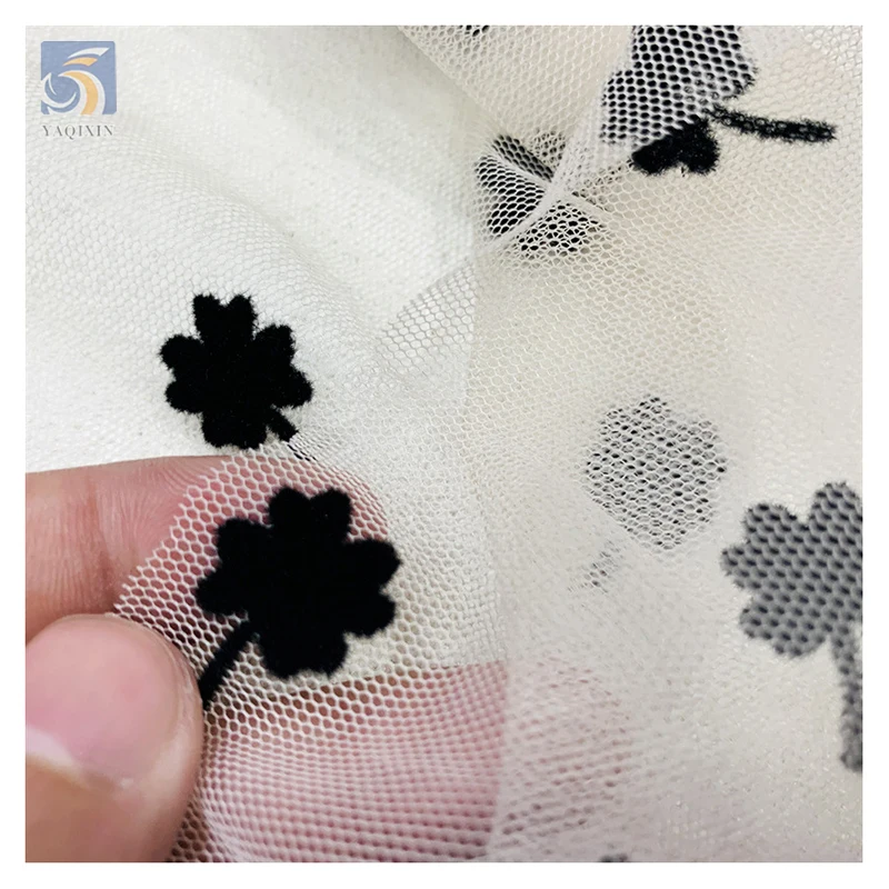 Competitive Price Flock Tulle Net Fabric Dress Model Latest Black French Small Floral Flocked Tulle Mesh Lace Fabric