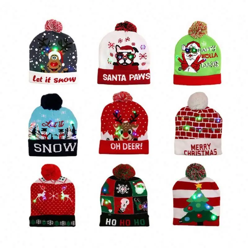 Рождественские украшения, светодиодные рождественские шапки, милые для детей, снеговик, яркая светящаяся вязаная шапка, Рождественская шапка