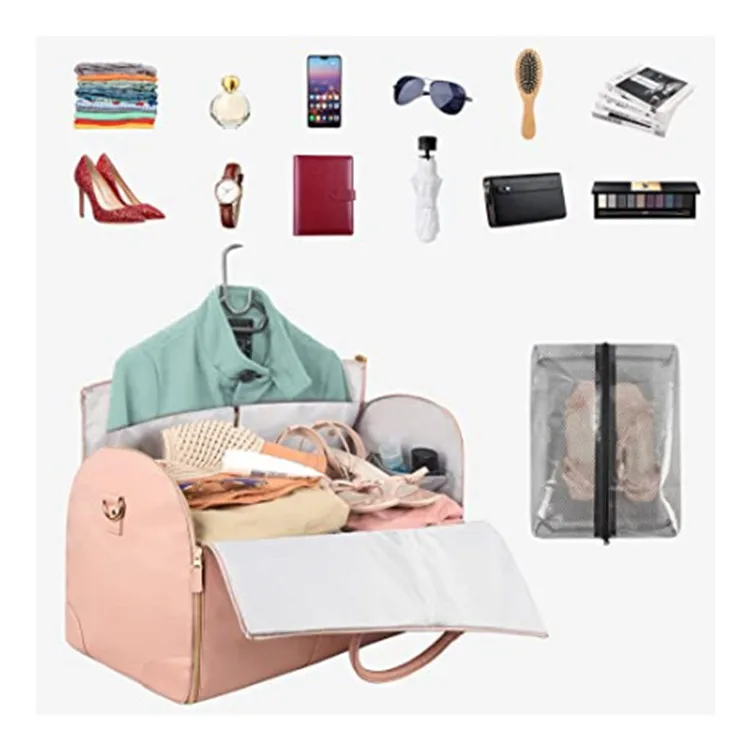 Custom logo Luxury Multipurpose Duffel Foldable Pu Leather Luggage Travel Bags Garment Duffle Bag with Shoe Compartment