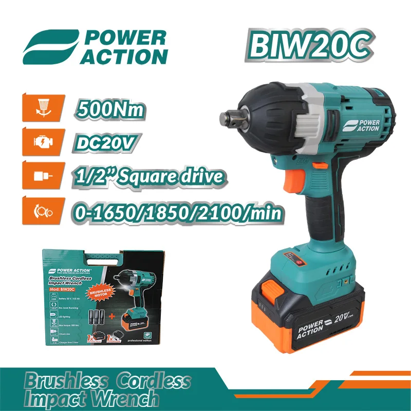 Power Action DC20V Electric Power Cordless Battery Drilling Machine Brushless Drill Impact Wrench
