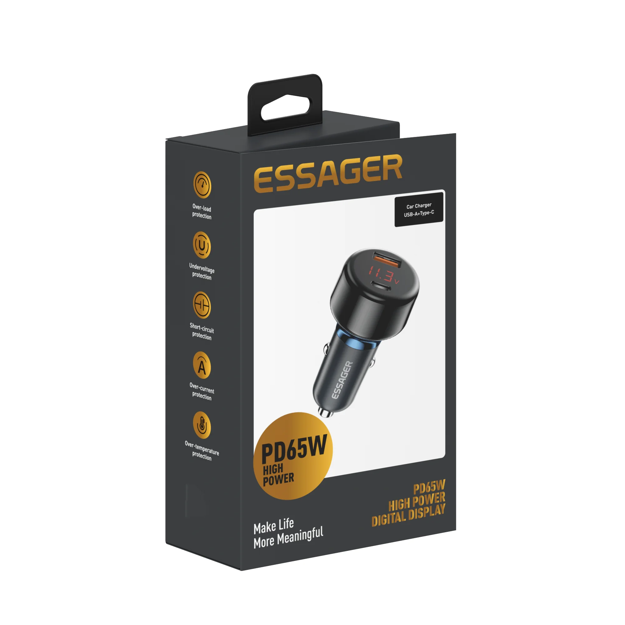 Essager 2022 Torch 65W Fast Charger Digital Display PD QC 3.0 OTP OLP Protection USB A Type C Car Charger