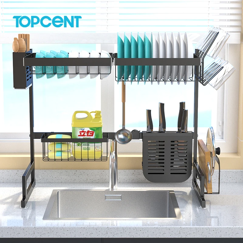 TOPCENT 65cm 85cm Expandable Adjustable  2 tier Kitchen Stainless Steel Drainer Over The Sink Dish drying Rack