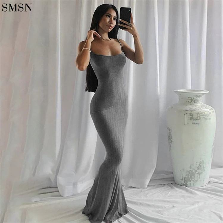Plus size dress Summer Suspenders Thread Solid Color Sexy Long Dress Women 2022 Wrap Sheath Bodycon Casual Dresses