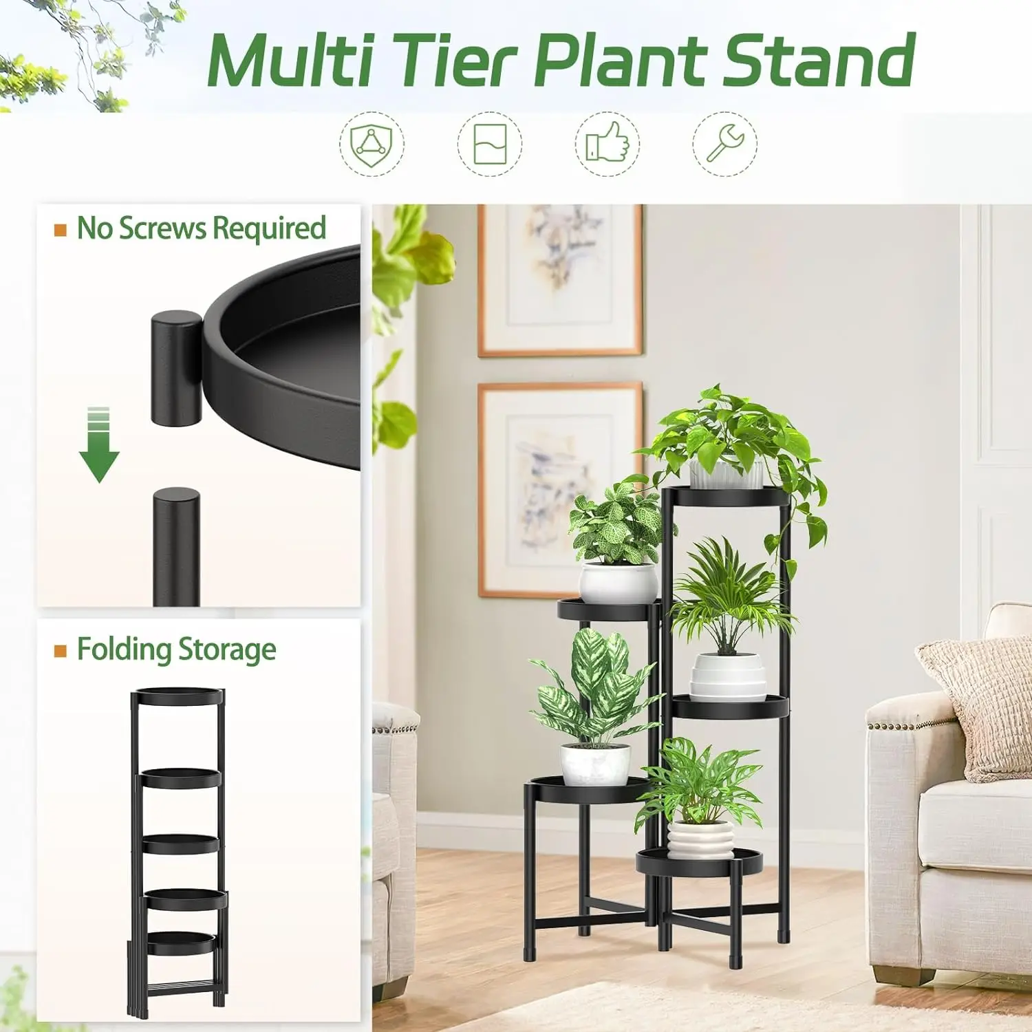 Indoor Tiered Metal Plant Stand Corner Flower Pots Holder for Multiple Plants