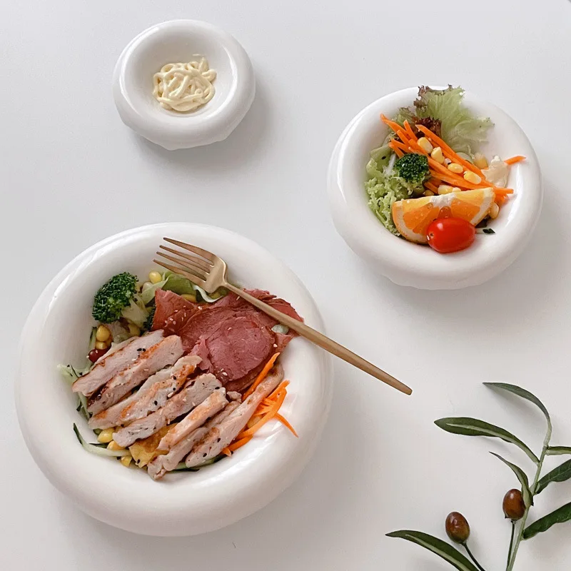 SYL OEM Korean chubby deep dishes INS style ceramic breakfast plate dessert salad plate household serving dishes