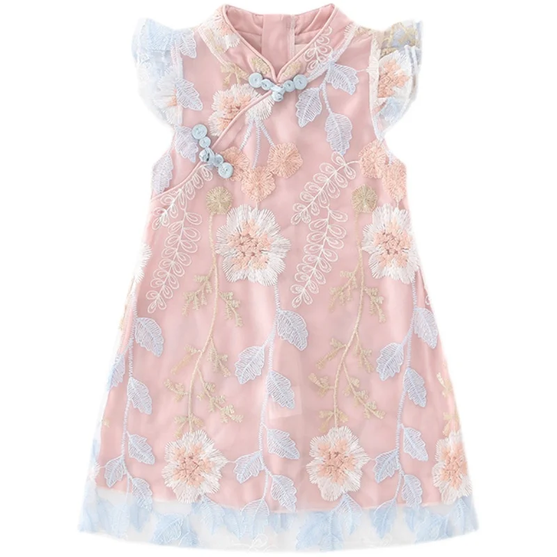 Kids Cheongsam Dress for Girls Chinese Summer Teenager Chinese Style Lace Qipao Dress Baby Girls Princess Party Elegant Dress