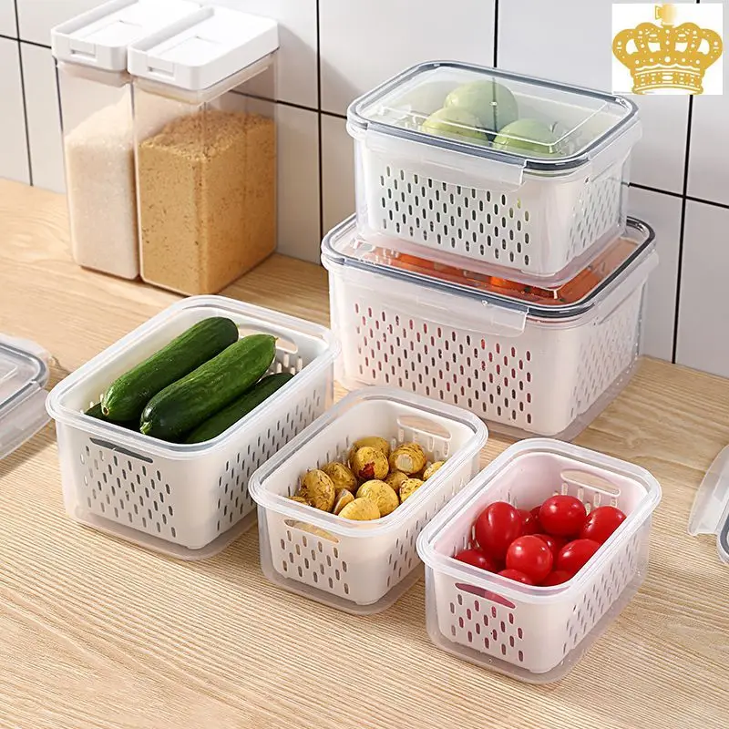 Plastic Fresh Produce Saver Vegetable Fruit Meat Fridge Food Storage Container Basket Set With Lids
