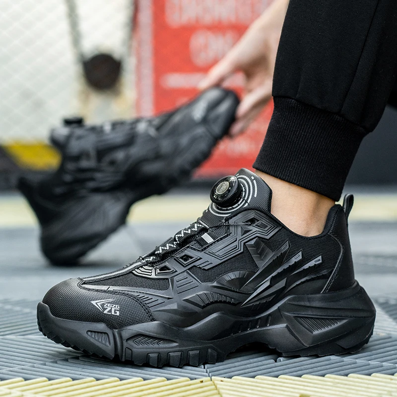 Sunland steel toe anti-smash rubber button adjustment puncture proof anti-slip flying mesh suede safety shoes for men industrial