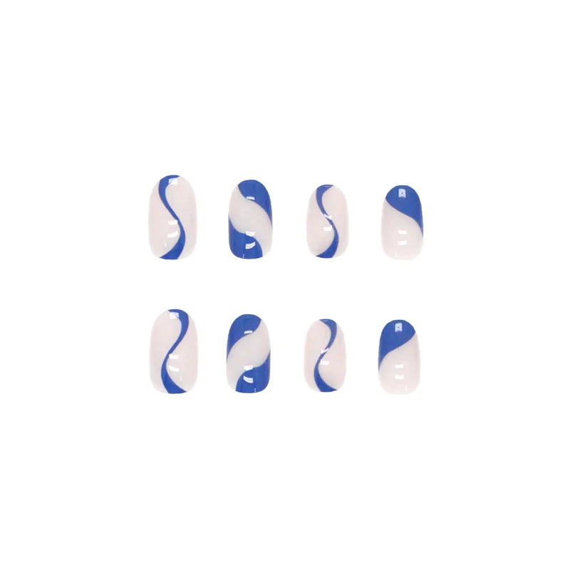 wholesale new arrive 3D blue stripe ABS manicure for summer simple fresh short round press on false nails for summer