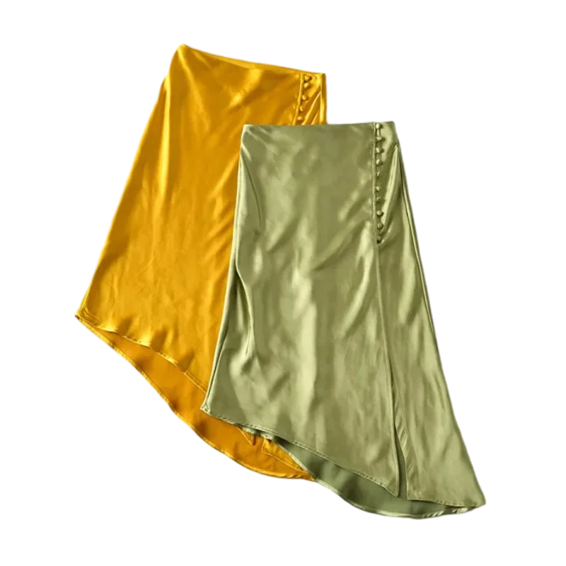 Fashion Solid Color Button Decor Elegant Side Split Satin Skirt Cheongsam Elegant Women French Style Slit Skirts