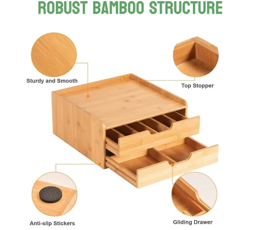 custom Bamboo Coffee Pods Holder Storage Compatible with Keurig K Cup Espresso Pods Tea Bag Organizer Drawer with Lip Panel