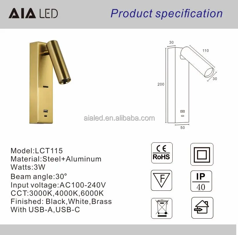 Reading Wall Lamp furniture  USB Type-C reading lights Bedroom club house hotel Home villa Bedside Wall Light Sconce club house