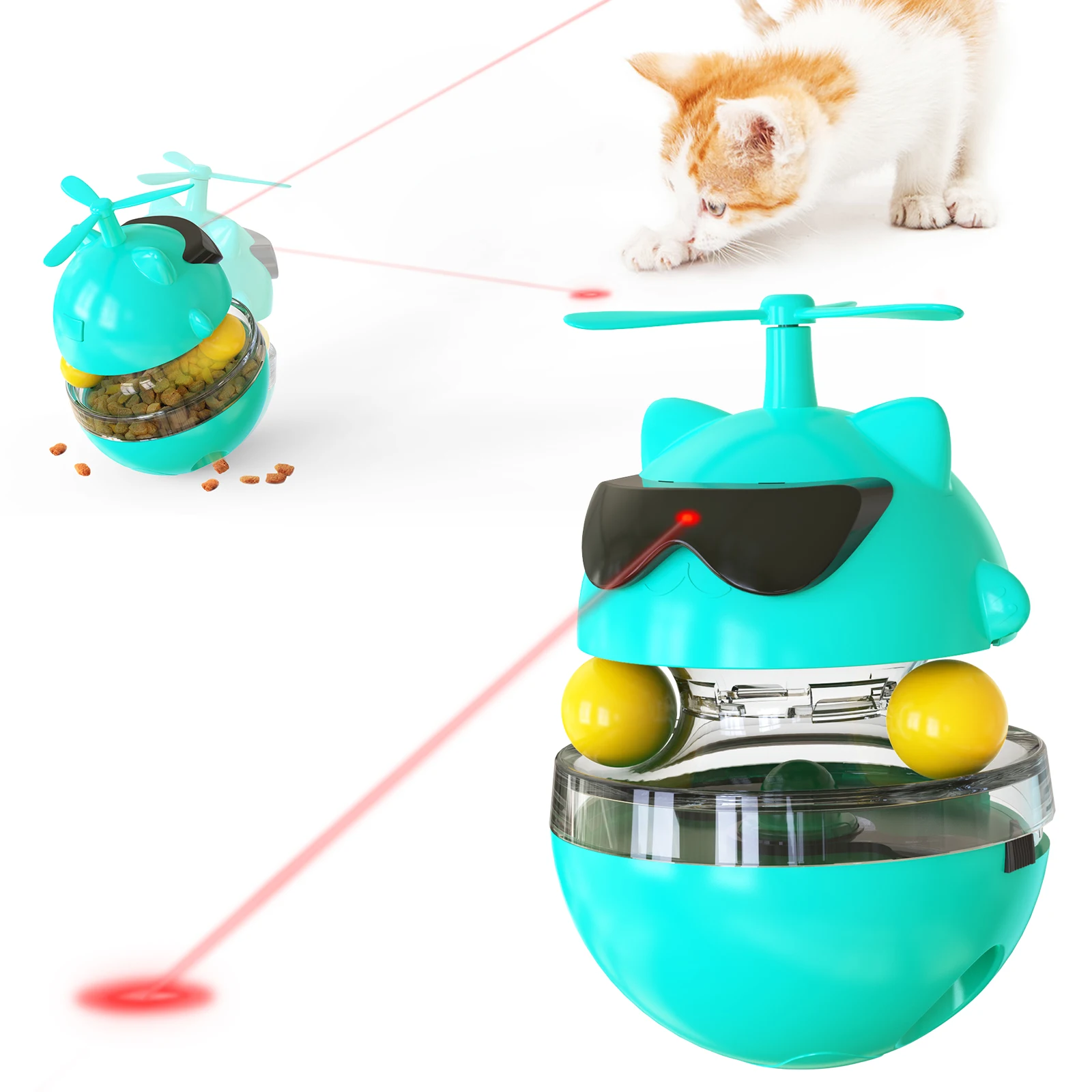 Cat Slow Feeder with Dual Rolling Balls, Cat Tumbler with 2 Retractable Cat Toys, Cat Dispenser Toys Interactive Training