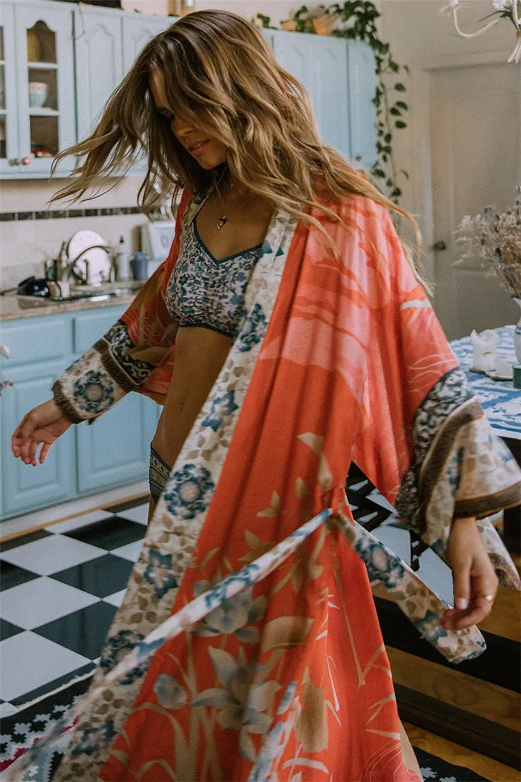 
Beach Print Floral Holiday Bikini Outing Loose Long women cardigan kimono women cardigan kimono 