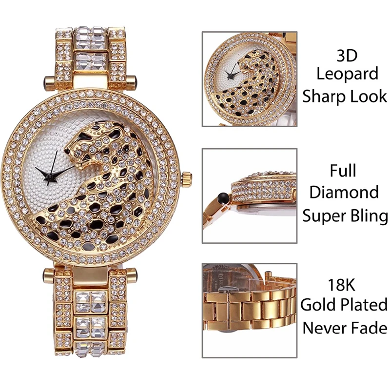 MISSFOX Women Quartz Watch Fashion Bling Casual Ladies Gold Watch Crystal Diamond Leopard for Women Clock