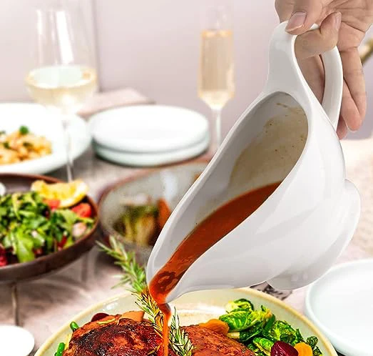 17 Oz Large Gravy Boat  Warming Sauces Picther White Fine Porcelain Saucier With Ergonomic Handle