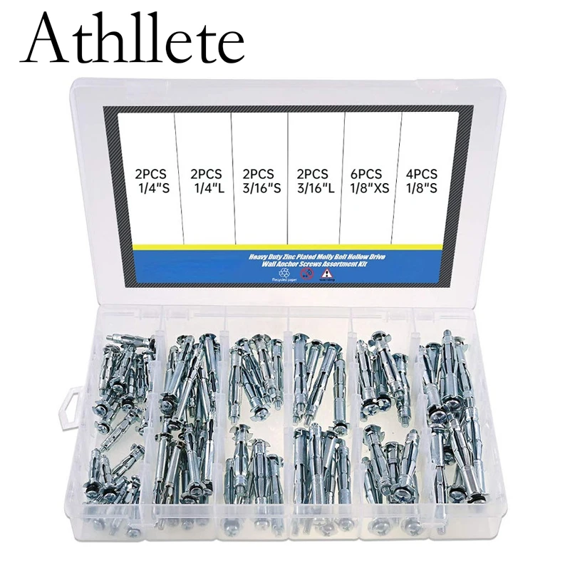 Athllete 18pcs 6x52MM Heavy Duty Zinc Plated Steel Molly Bolt Hollow Drive Wall Anchor Screws Set for Drywall, Plaster and Tile