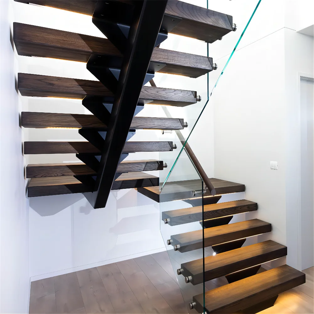 CBMmart Modern Style U Shape Walnut Solid Wood Stair Treads Steel Beam Support Interior LED Lights Stairs