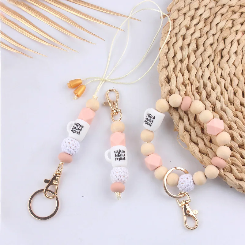 2024 boho silicone beads coffee cup teacher lanyard keychain wristlet set gift for mom coffee lover