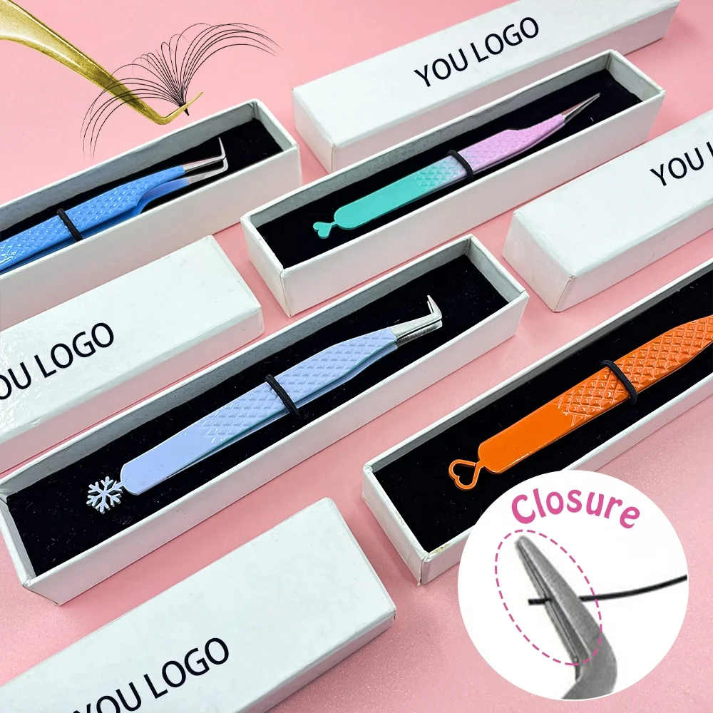 Stainless Steel Eyelash Tweezers Diamond Grip Eyelash Tweezers Pink Box Packing Private Label Fiber Tip Volume Lash Tweezers