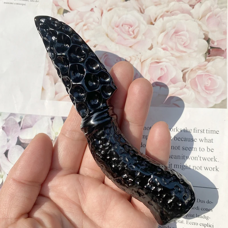 Hand Carved 15cm Natural Black Obsidian Crystal Dagger Knife Carving Craft For Home Decoration