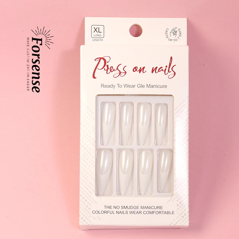 wholesale simple white french tip fake nails with glue bulk long stiletto press on nails bride wedding false nail art designs