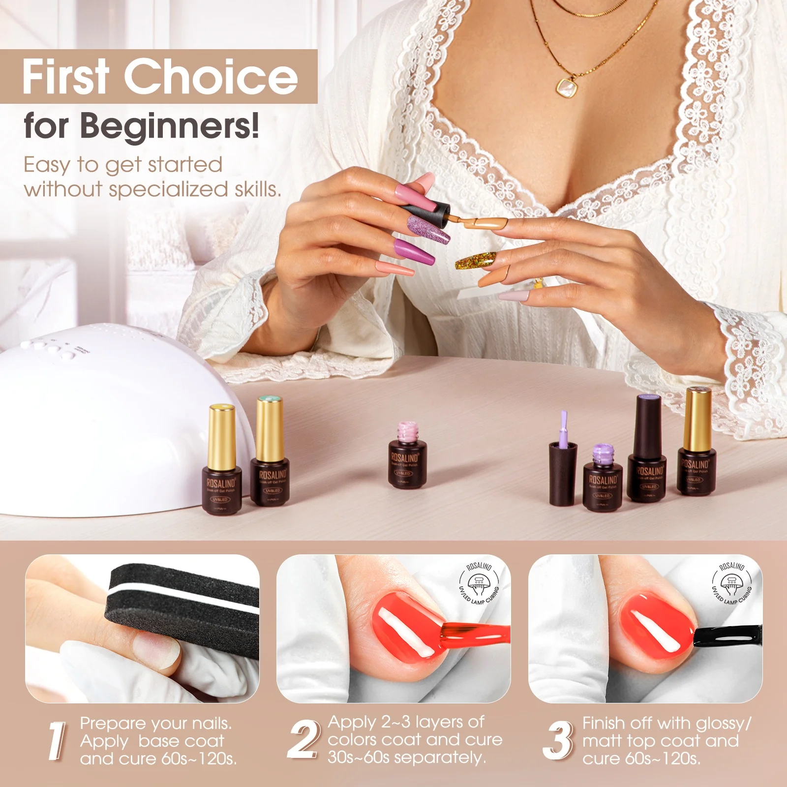 ROSALIND Custom gold glitter nail polish gel soak off purple nude brown uv vernis a ongles en gel set for all seasons manicure