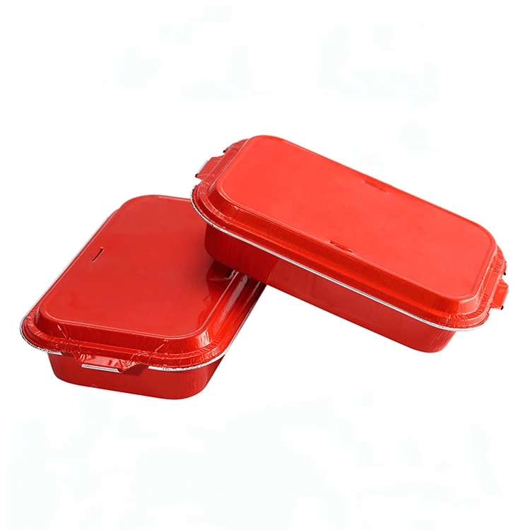 Lightweight food grade red color disposable aluminum foil meal tray takeaway food packing pan 1000ml airline catering food box