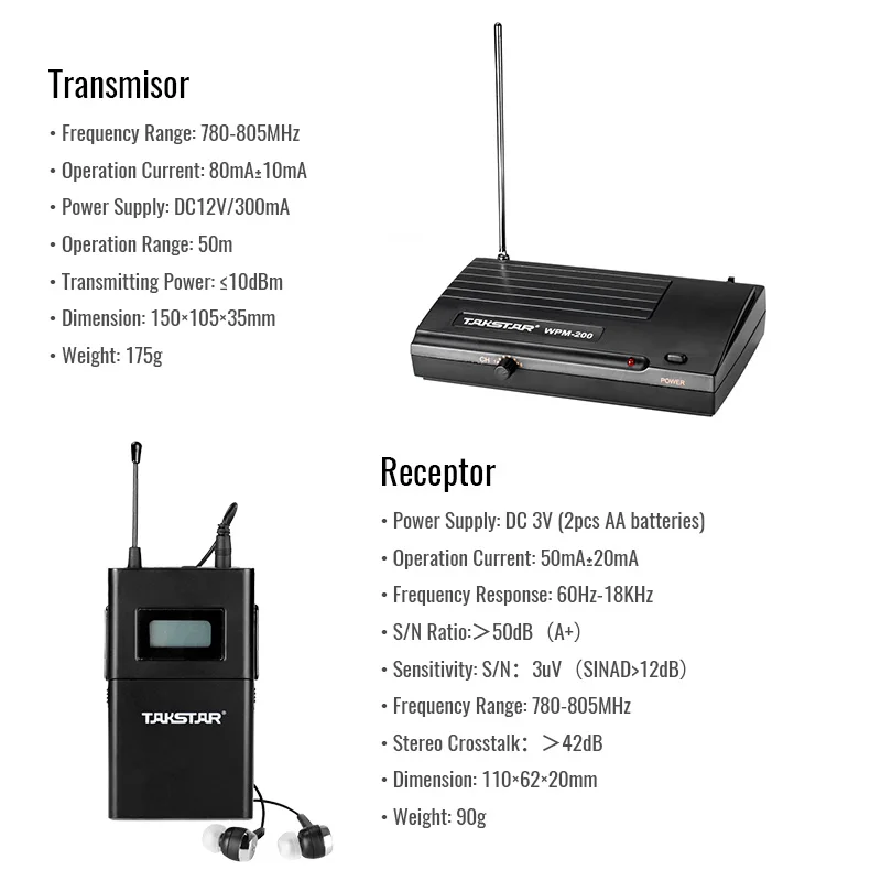 Takstar WPM-200 UHF Wireless Monitor System 6 Channels In-ear Monitoring System Transmitter with Bodypack 780-805 MHz for Stage