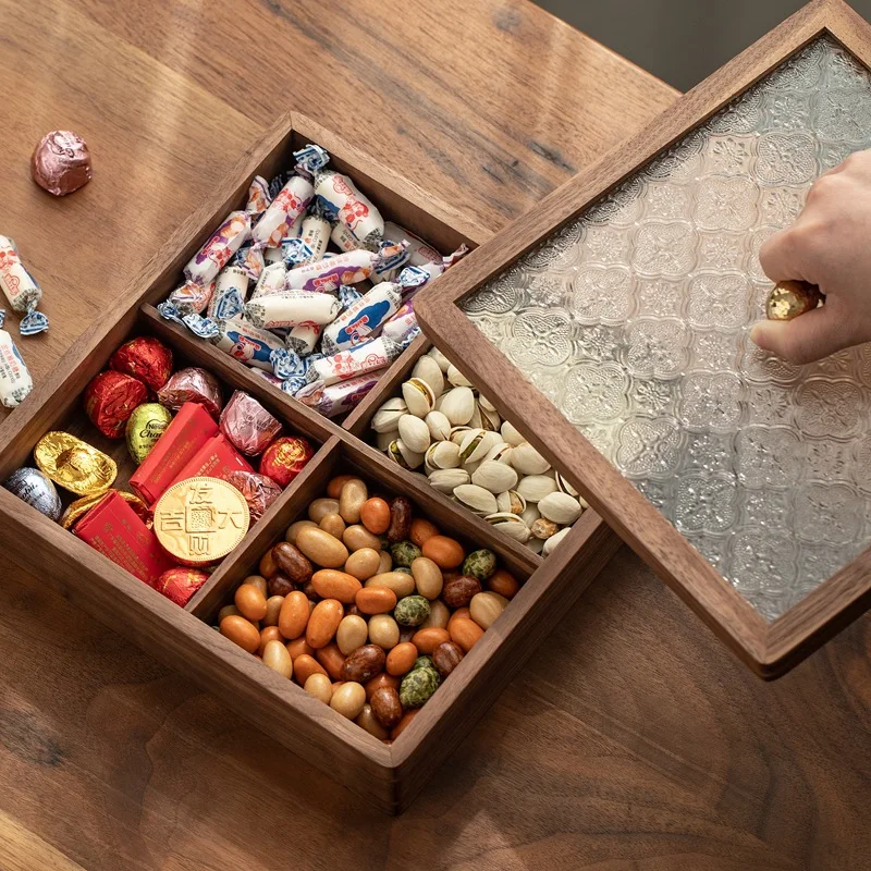 Solid wood dry fruit box wholesale square fruit plate with cover living room new year candy nut box glass storage box