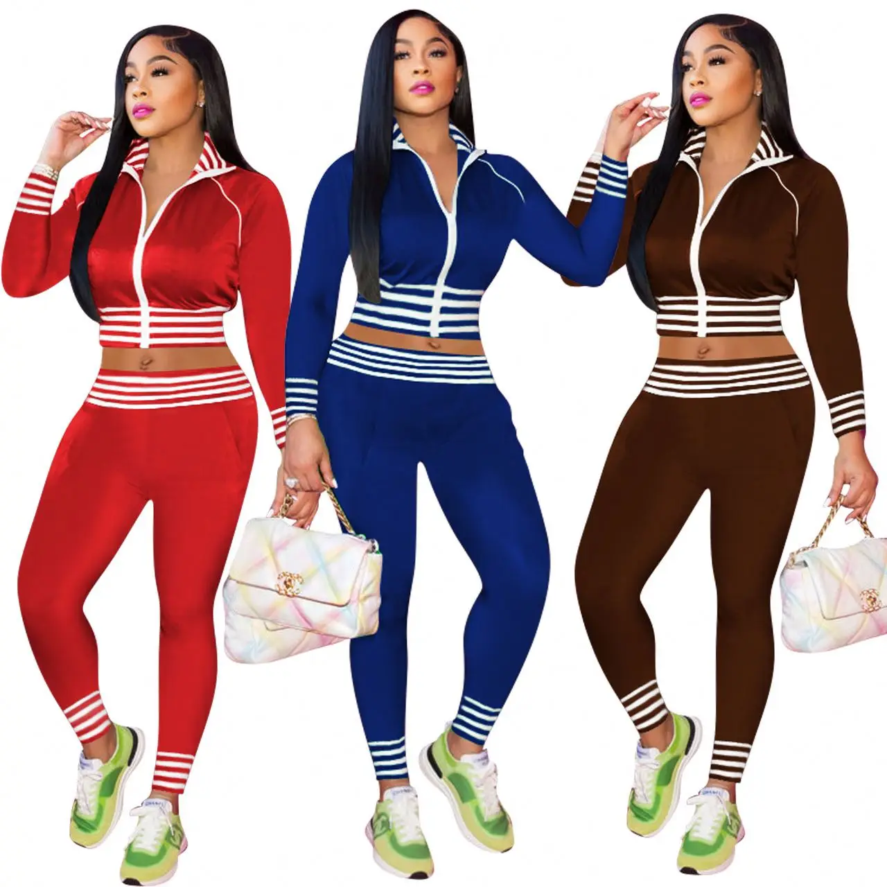 Two piece outfits Amazon new fashion casual midriff outfit thread stand collar sports two piece set