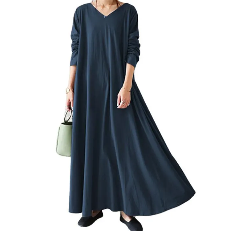 Latest autumn women clothing oversized long casual dresses plus size solid color long sleeve v neck maxi dress with pockets