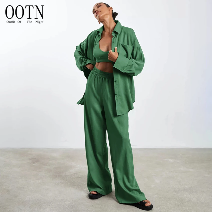 OOTN New Style Solid Color Long Sleeve Shirt Tops Wide Leg Pants Two Piece Set 2023 Casual Spring Summer Women Sets