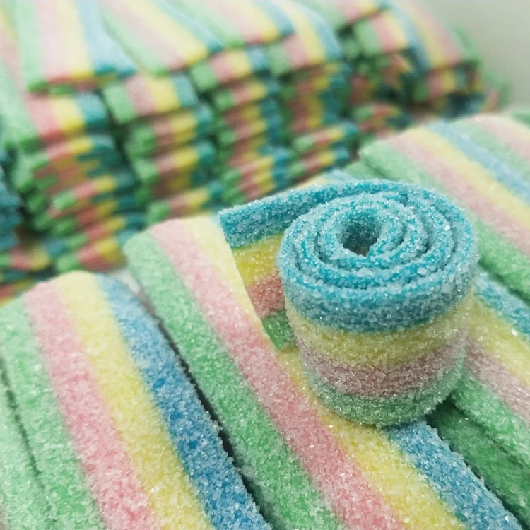 wholesale rainbow sugar coated fruit flavor sour belt roll soft gummy candy and sweets