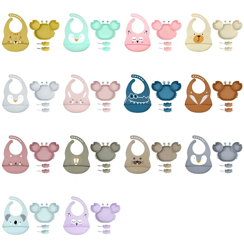 BPA Free Animal Face Bib Suction Plato Bebe Silicone Crab Platos Silica Gel Children Spoon Fork Baby Feeding Set