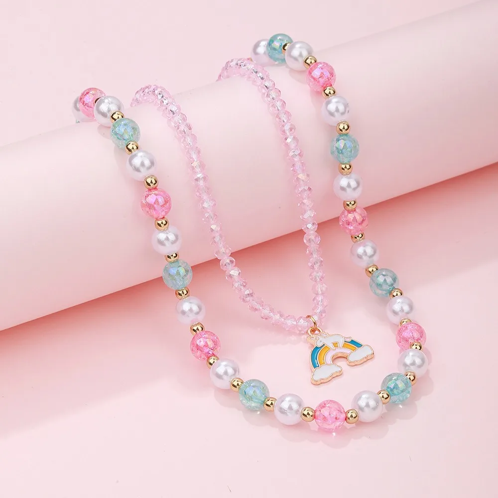Simple Colorful Crystal Handmade Beaded Necklace Fashion Dolphin Rainbow Pendant Double Layer Necklace
