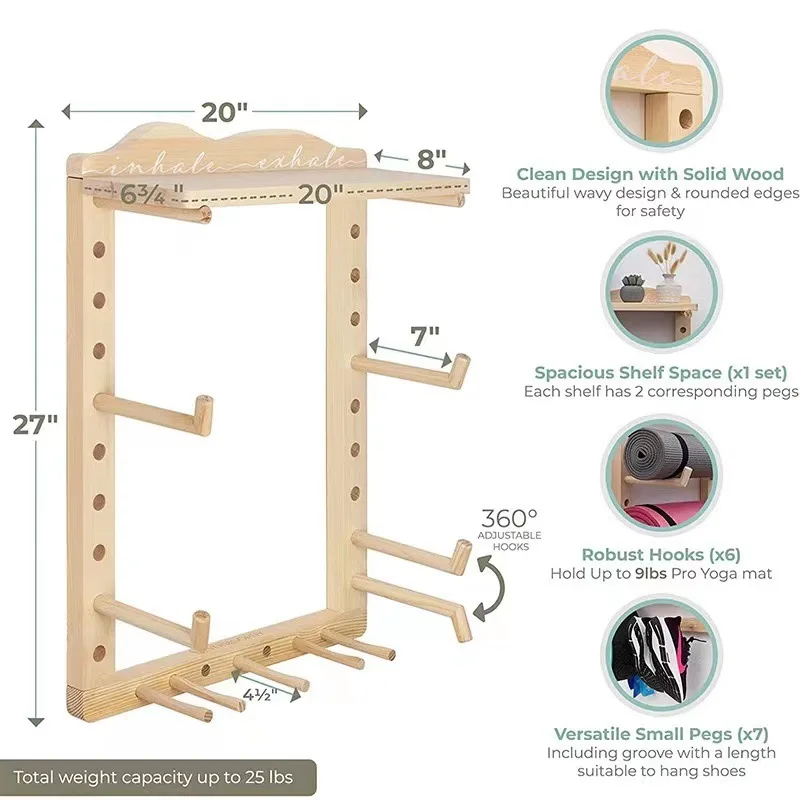 Fully Customizable Yoga Mat Wall Holder Wood Yoga Mat Storage Rack with Shoe Hanger